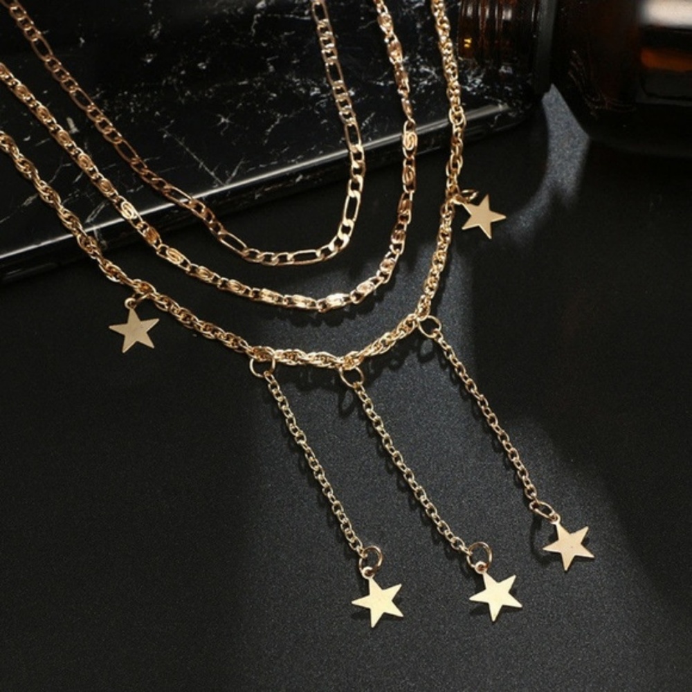 Dangling Star Layered Choker Gold Bib Necklace - Picture 4 of 7
